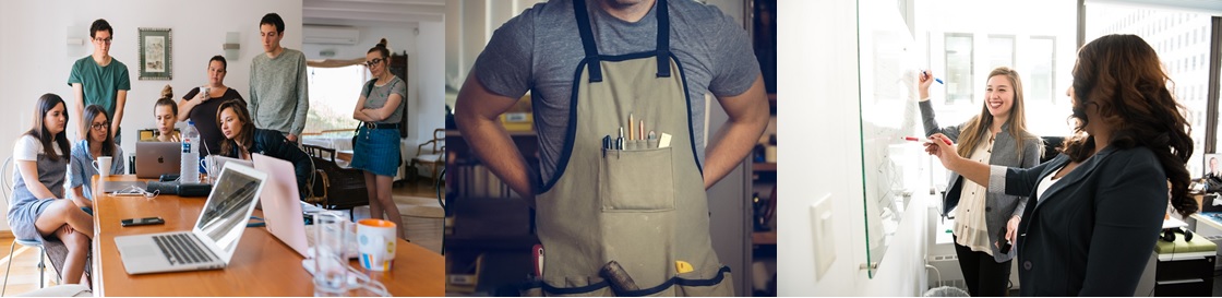 Collage showing a business meeting, construction worker securing his apron and colleages at a drawing board