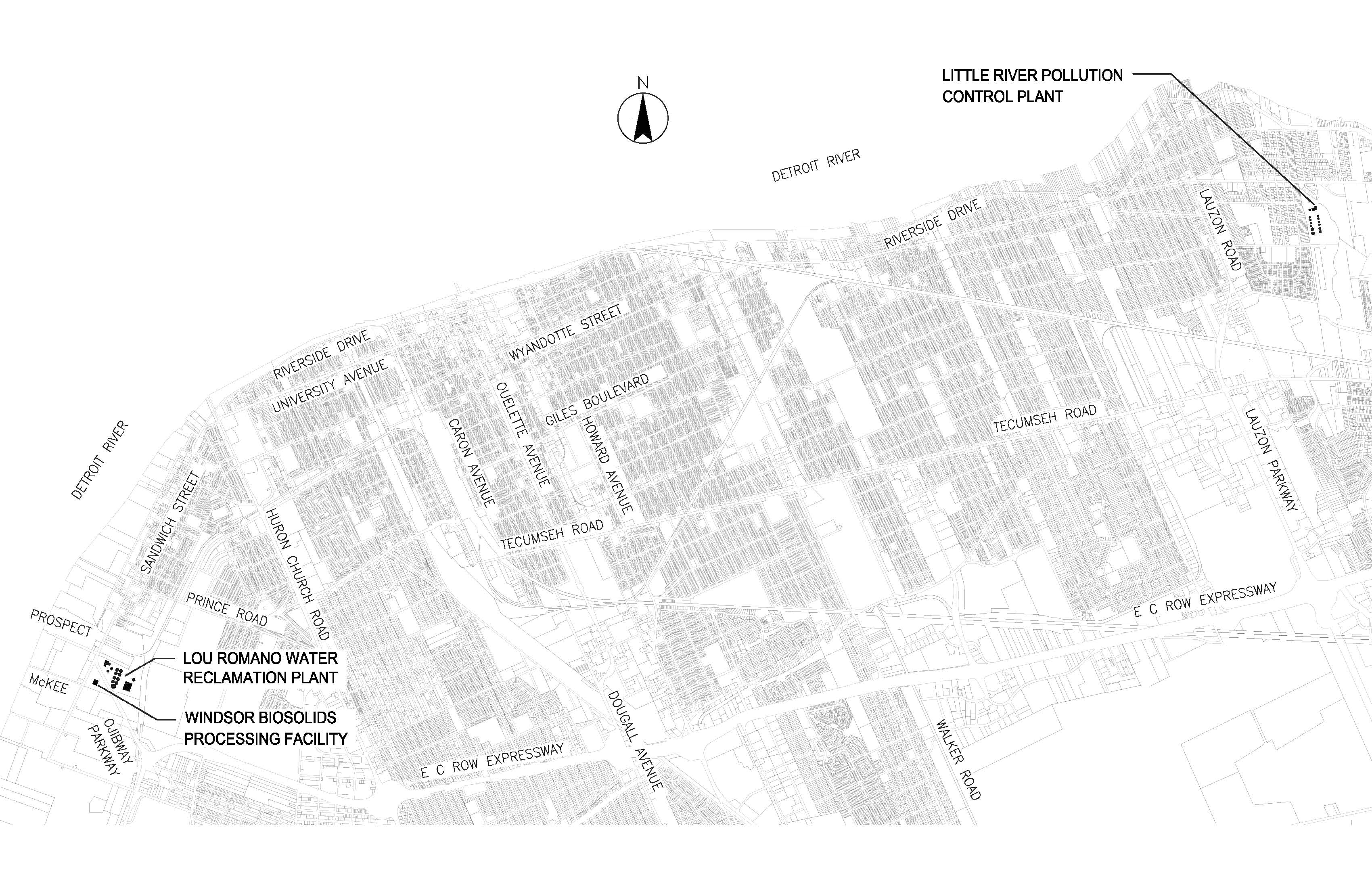 Windsor map indicating Lou Romano Water Reclamation Plant, biosolids processing facility & Little River Pollution Control Plant