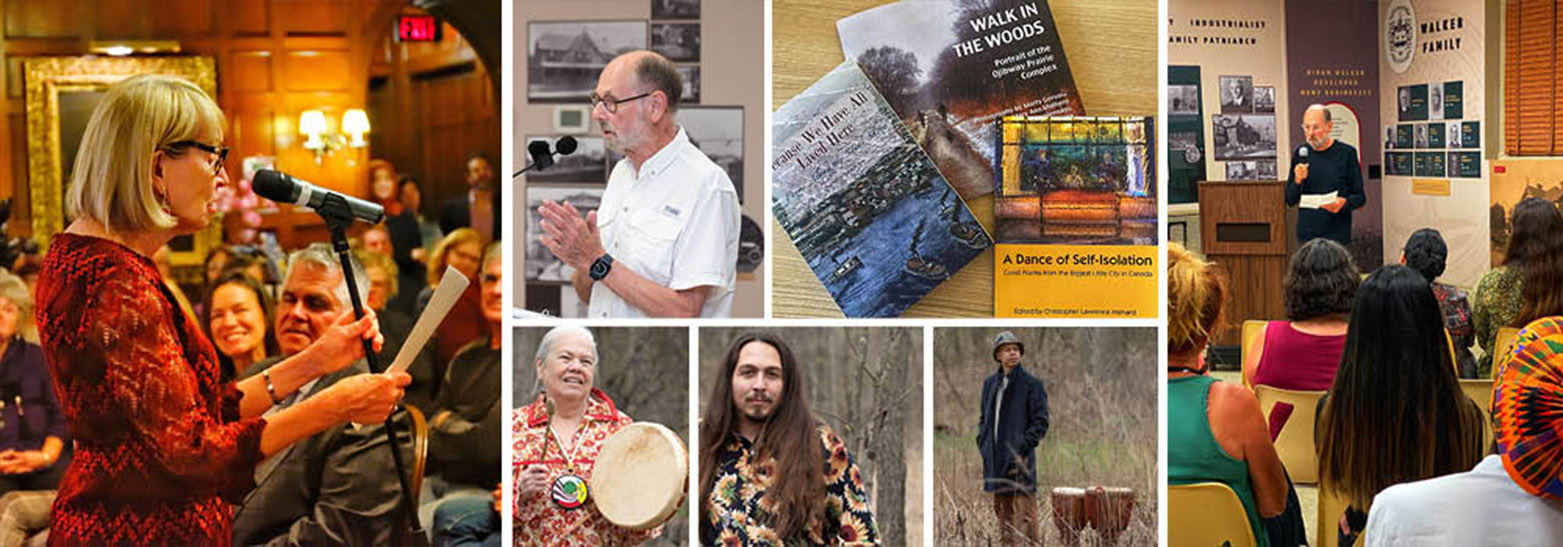 Collage of photos of Windsor's poets and storytellers out and about at events