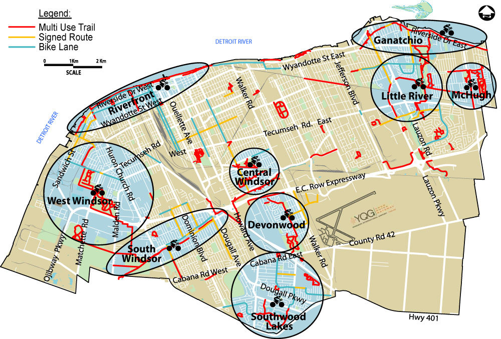 A map of popular trails in Windsor, Ontario