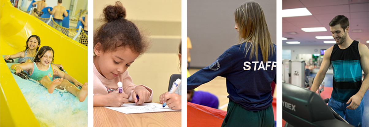 Collage of girls on an inner-tube water slide, a girl working on a colouring page, day camp staff, and man at fitness machine