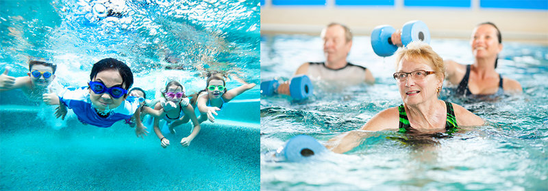 Collage of children and seniors participating in aquatic programming