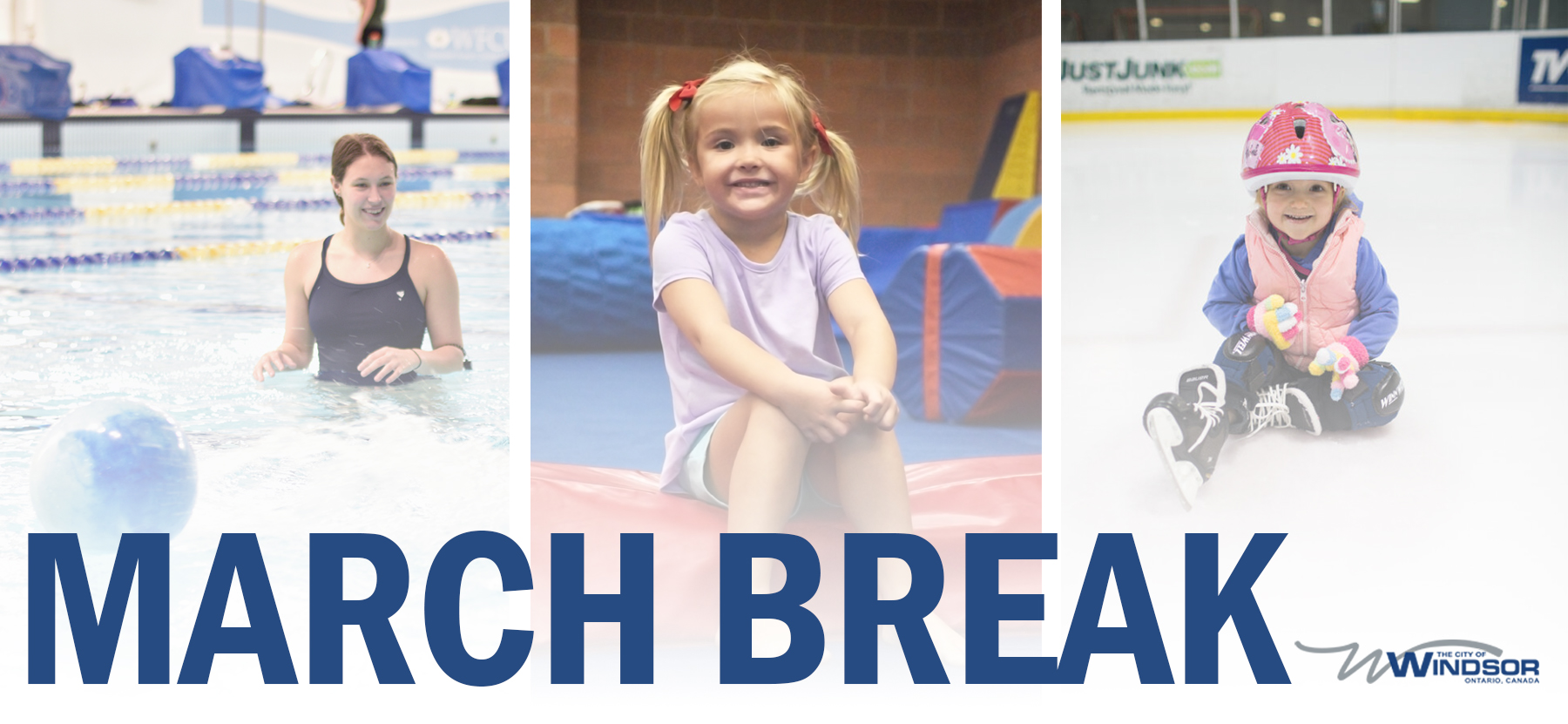 March Break collage of smiling lifeguard in pool, smiling child on a mat and smiling child on an ice rink