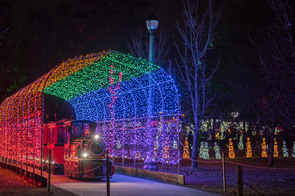 The train rides through a rainbow tunnel