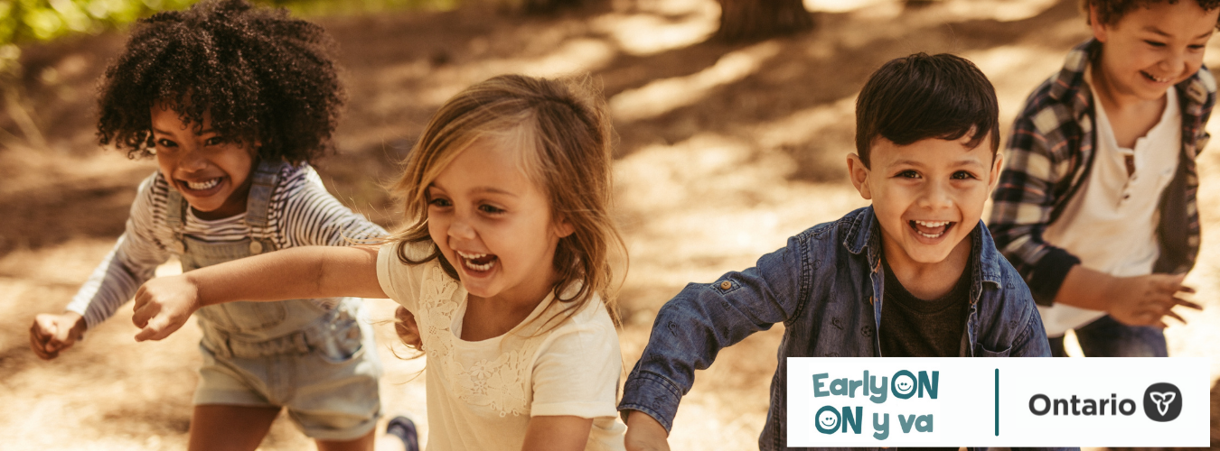 Logos for EarlyON and Ontario over photo of children smiling and running