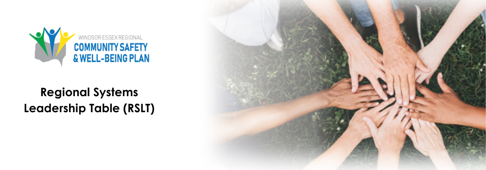 Hands gathered together on grass, and logo for the regional community safety and well-being plan