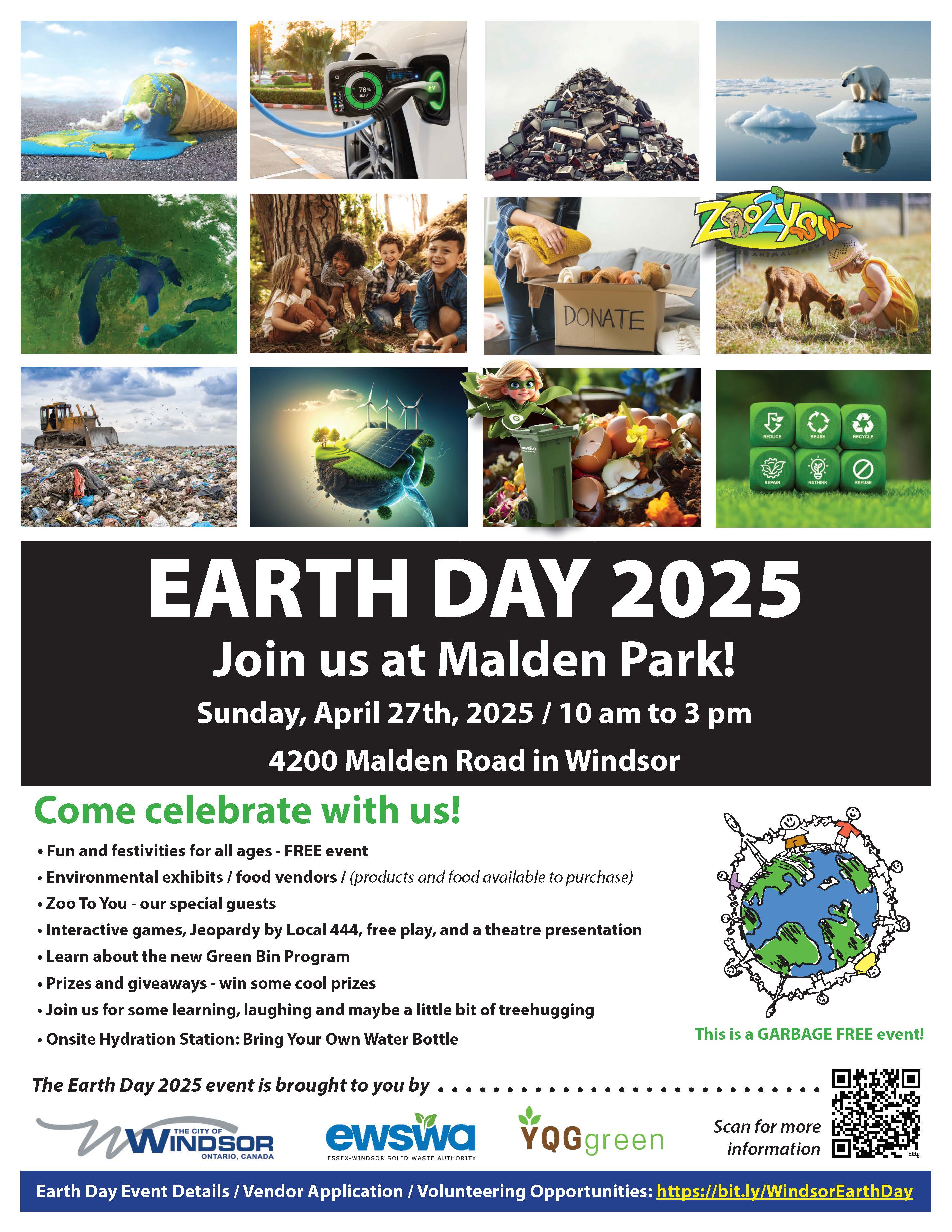 Poster collage of environmental activities and actions with information on the event as detailed above, and logos for City of Windsor, Essex-Windsor Solid Waste Authority and YQG Green
