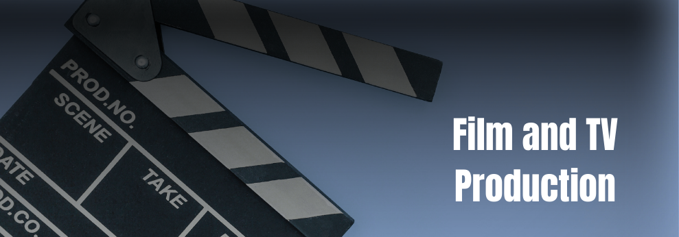 Words, Film and TV Production, with a movie producer board