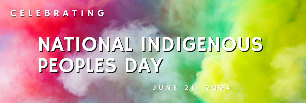 Words, Celebrating National Indigenous Peoples Day, June 21, 2024, with multicoloured clouds in the background