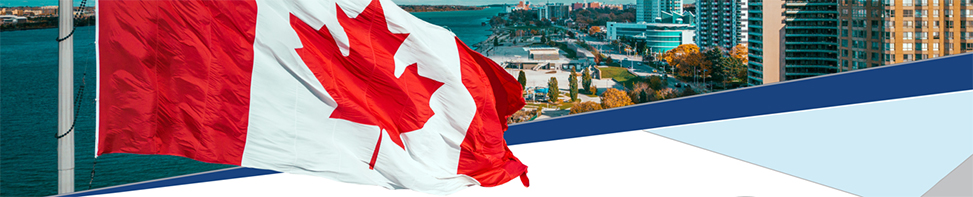 Canadian flag with aerial view of Windsor riverfront