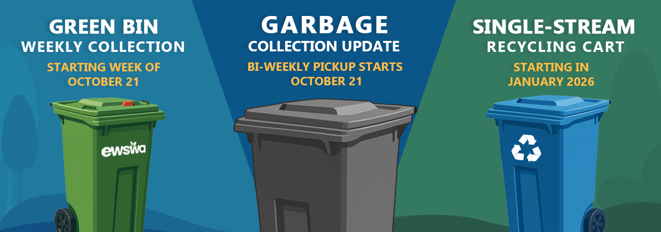 Green bin with Essex-Windsor Solid Waste Authority logo and words Green Bin weekly collection starts October 21, garbage bin with words bi-weekly garbage pickup starts October 21, and blue bin with words single-stream recycling cart starts January 2026