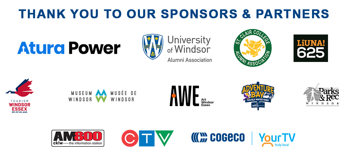 Sponsor logos: Atura Power, University of Windsor Alumni Association, St. Clair College Alumni Association, Liuna 625, Tourism Windsor Essex Pelee Island, Museum Windsor, Art Windsor Essex, Adventure Bay, Parks and Rec, AM800, CTV, Cogeco and YourTV