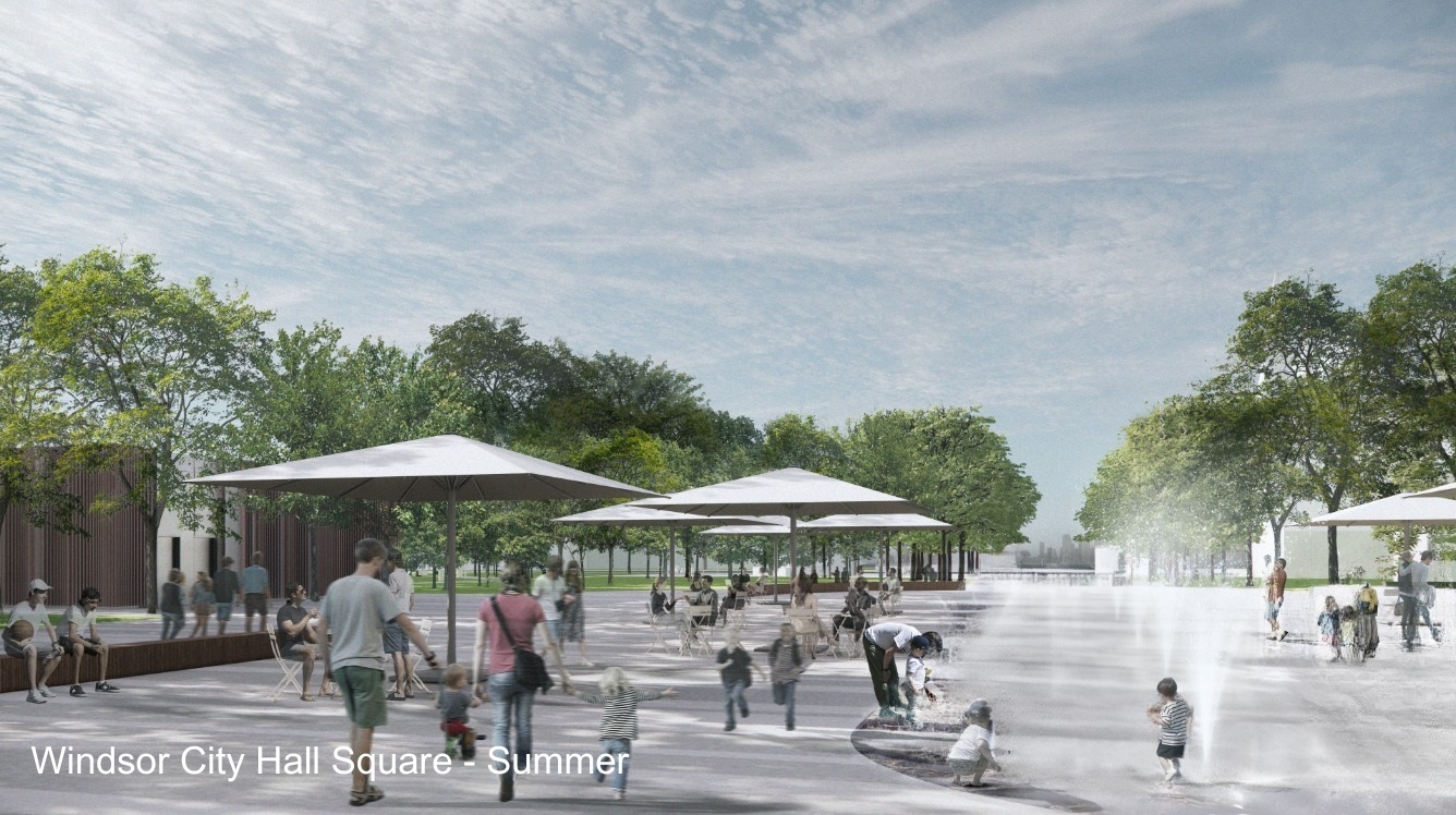 City Hall Ice Rink artist rendering of seating areas and spray pads in summer