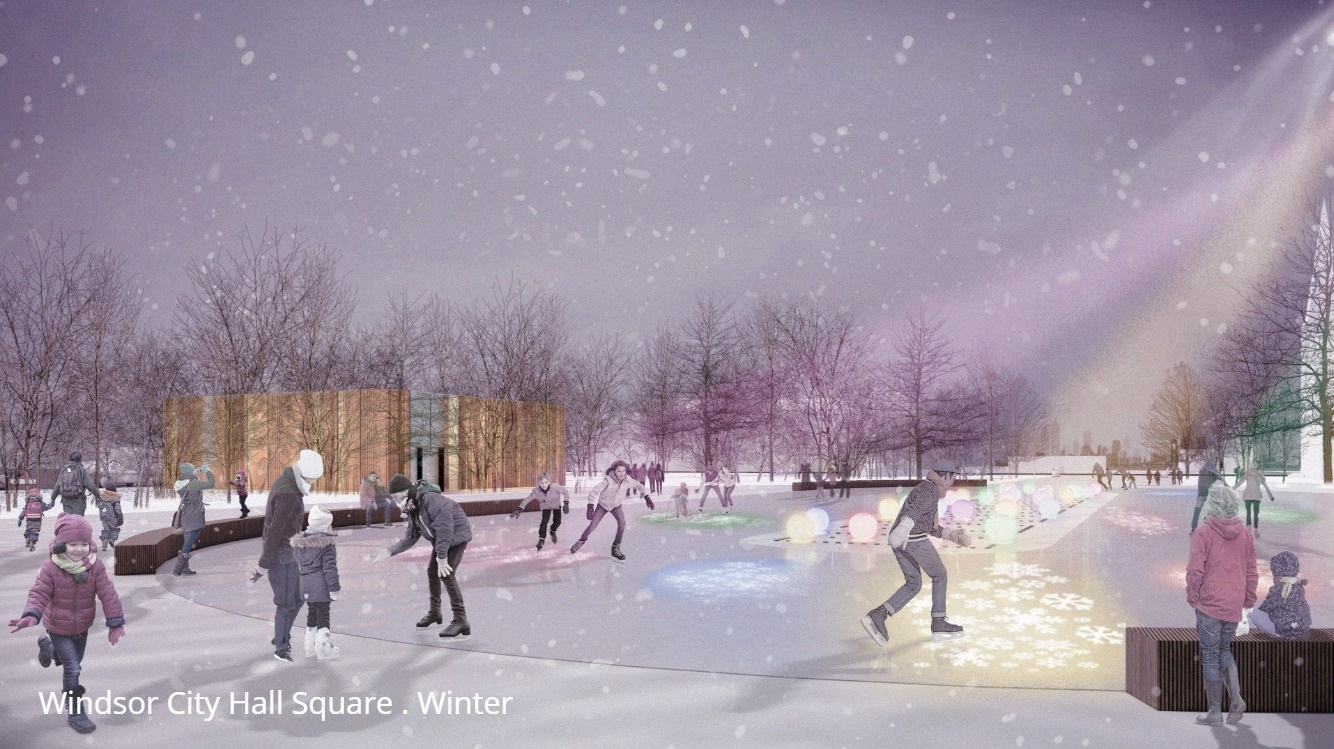 City Hall Ice Rink artist rendering of skaters in winter