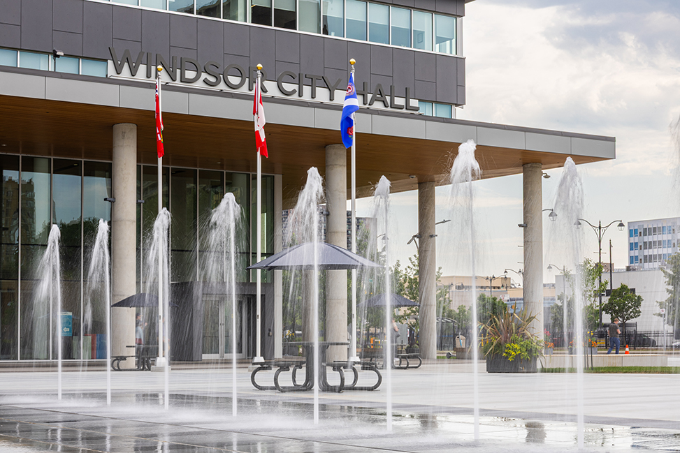 Water jets in front of Windsor City Hall