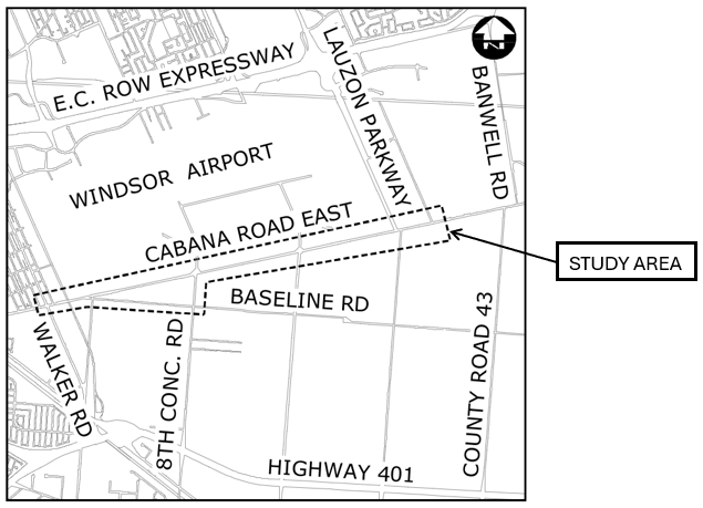 Map of Cabana EA Addendum Study Area on Cabana Road East from Walker Road to the eastern city of Windsor boundary