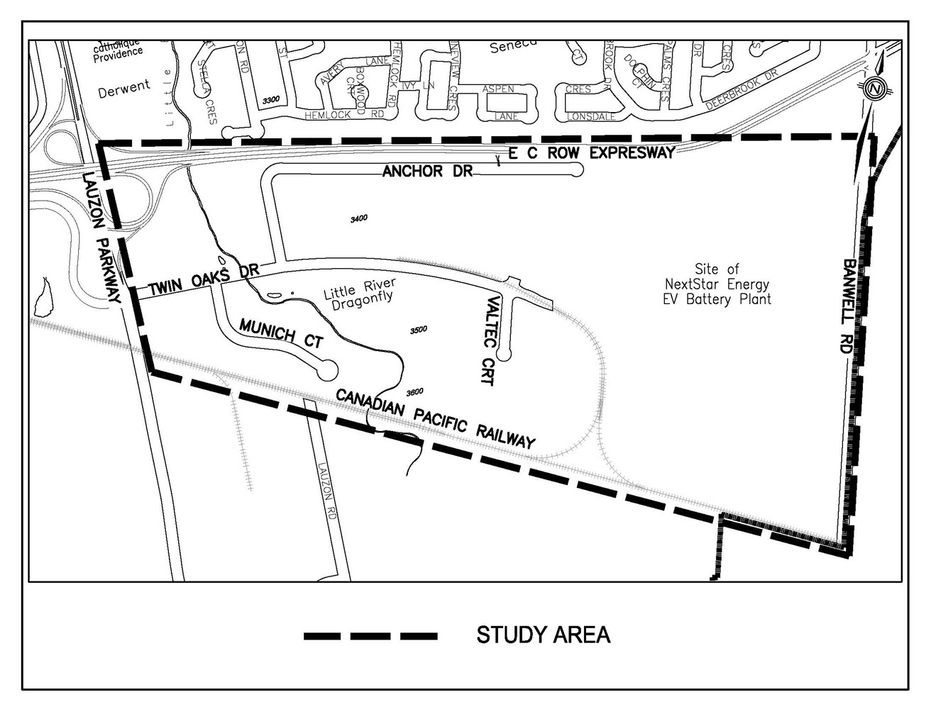 Twin Oaks study area map, bound by Lauzon Parkway in the west, Banwell Road in the east, E.C. Row Expressway in the north, and Canadian Pacific Railway in the south