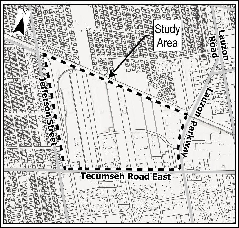 Boundaries of Forest Glade North servicing area boundaries of Lauzon Parkway to the East, Tecumseh Road East to the South, Jefferson Street to the West, and VIA Rail to the North