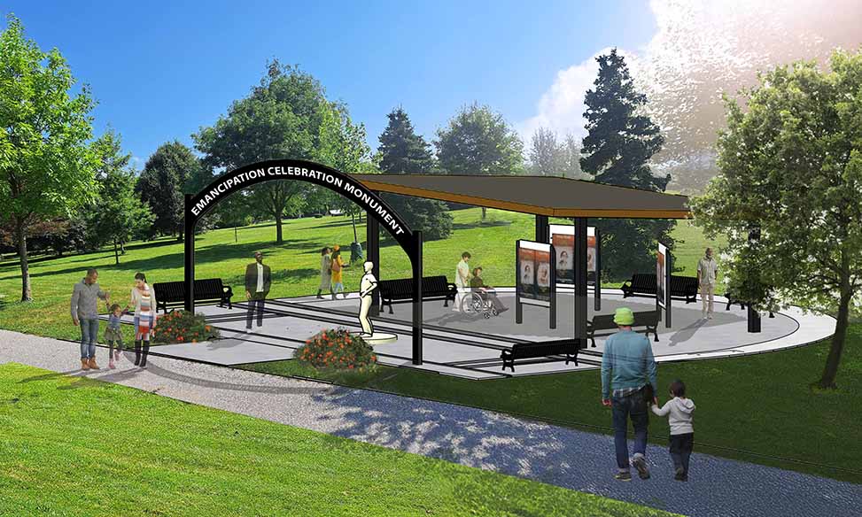 Emancipation Celebration Monument Site Design Site design of people enjoying the Emancipation Celebration Monument, with seating areas and pathways in Jackson Park
