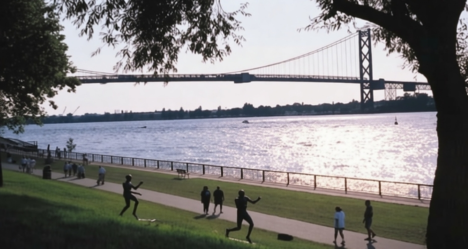Ambassador Bridge Park visitors enjoying the riverfront pathway and sculpture park with Ambassador Bridge in background