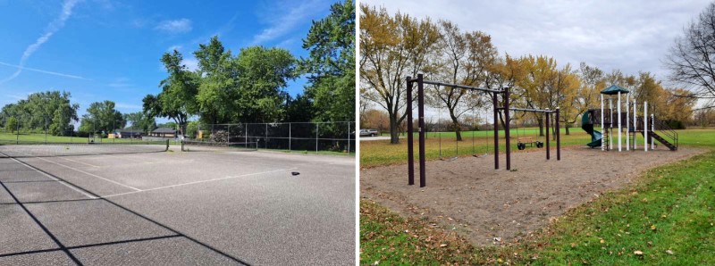 Tennis court and playground with trees in background