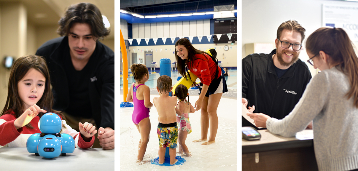 Image of instructor teaching child science, technology, engineering and mathematics (STEM) class, lifeguard speaking with three young children in an indoor splashpad, and front desk attendant helping a customer