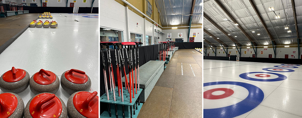 Collage of curling rocks on ice, brooms in racks, and circles in multiple lanes