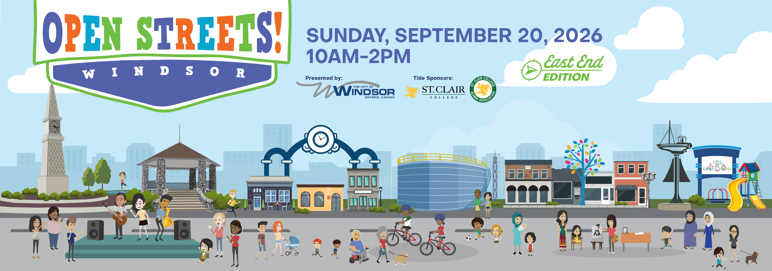 Words, Open Streets Windsor with cartoon images of people enjoying the streets and activities near landmarks from Via Italia to the Miracle Park
