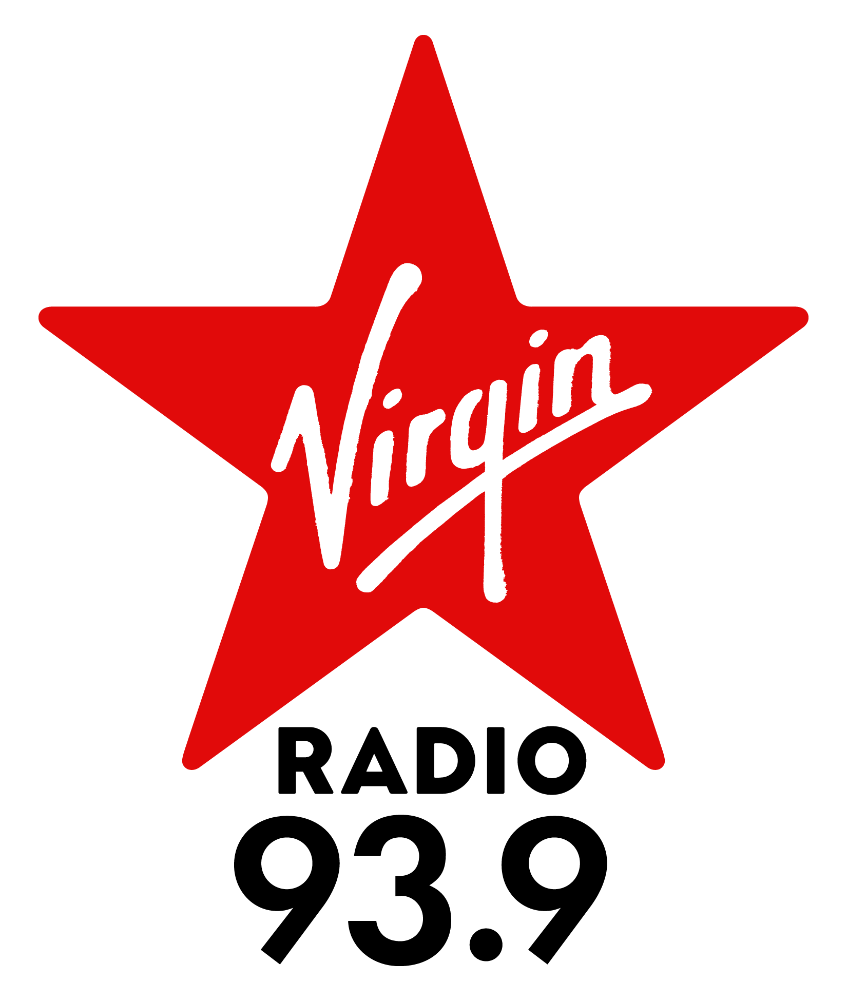 Words, virgin radio 93.9 with a red star in the background