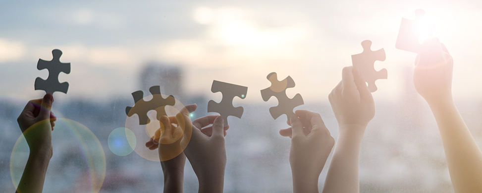 Communities of Practice, hands holding puzzle pieces Children's hands holding puzzle pieces to the sunny sky