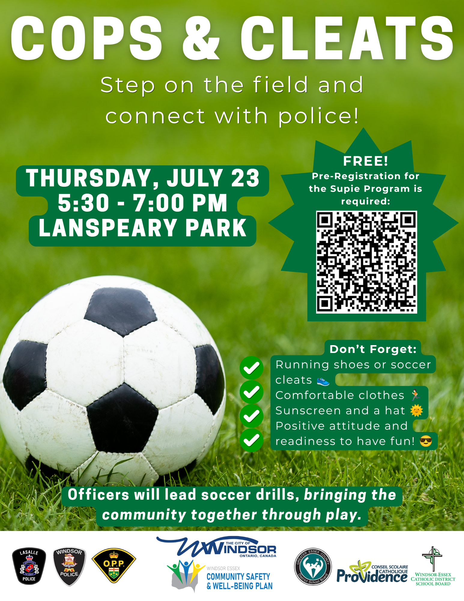 Cops & Cleats event flyer with image of a soccer ball in the grass, and event details as outlined below