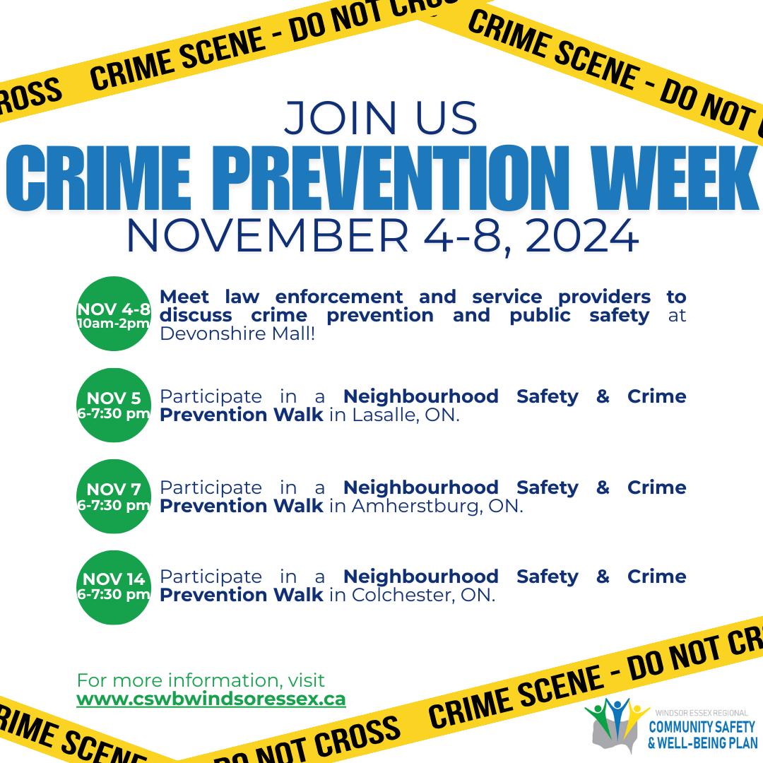 Flyer that lists events occurring during Crime Prevention Week, as detailed below