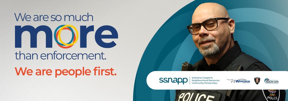 SSNAPP banner with police officer and words, We are so much more than enforcement; we are people first.