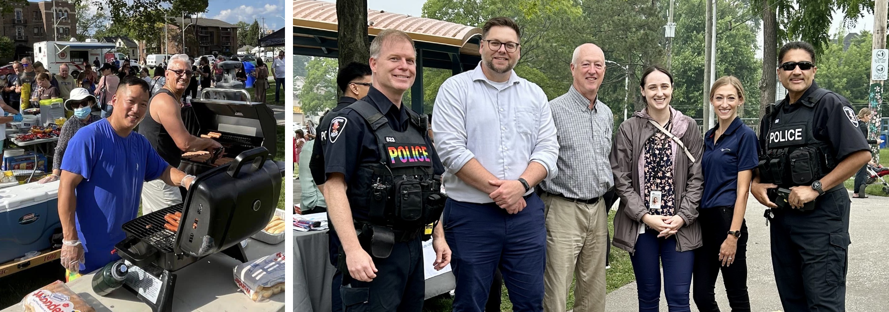 Collage with a photo featuring two individuals barbequing; and a photo that features six individuals outside, two of whom are Windsor Police Service officers