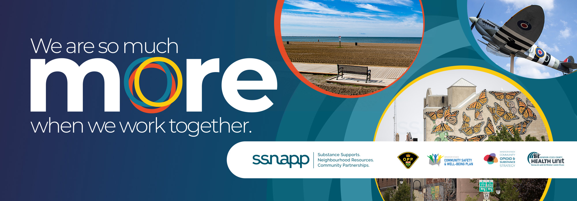Words, We are so much more when we work together, SSNAPP logo, and images of a beachfront path, a butterflies mural, and a replica warplane memorial