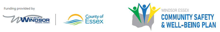 Logos for funding providers - the City of Windsor and County of Essex, and logo for the Windsor Essex Community Safety and Well-Being Plan