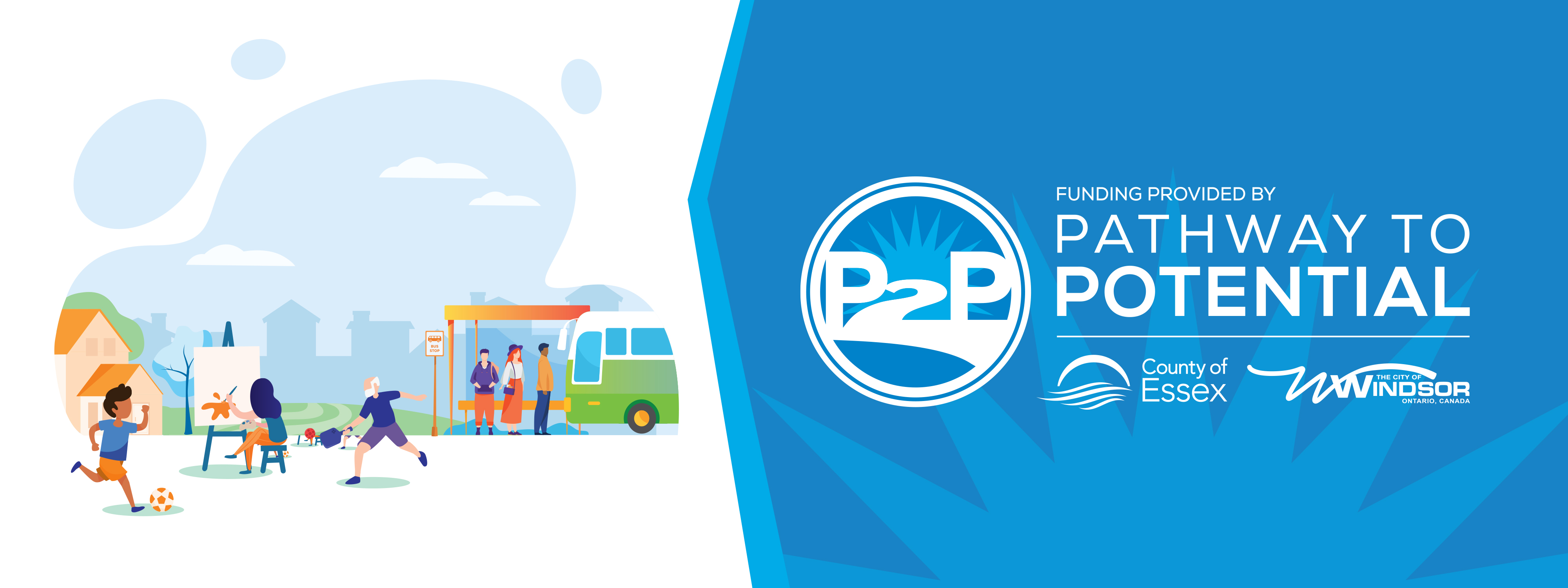 Logos for Pathway to Potential (P2P) and funding partners County of Essex and City of Windsor, and image of individuals waiting for a bus and participating in recreational activities