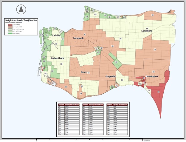 Map of the county of Essex showing the Quality of Life Scores for Social Planning Districts