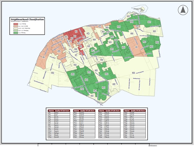 Map of the city of Windsor showing the Quality of Life Scores for Social Planning Districts