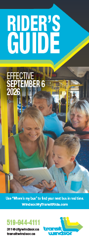 Transit Windsor Rider's Guide sample front cover with Transit Windsor branding, contact info and image of a family enjoying a ride on the bus