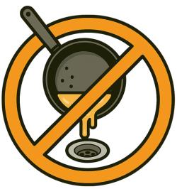Frying pan pouring grease into a drain with a prohibition circle and slash, indicating that fats, oils, and grease must not be poured down the drain.