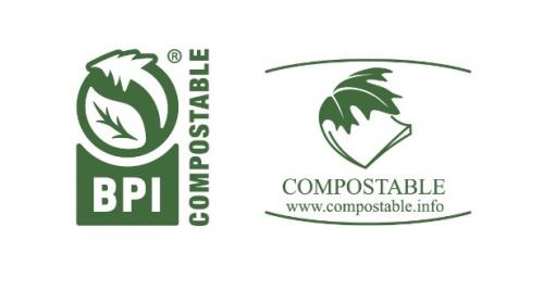 Certified compostable logos for Biodegradable Products Institute (BPI) and Bureau de normalisation du Québec (BNQ).
