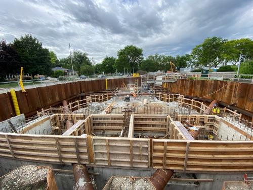 Concrete and scaffolding in a cofferdam which is part of the new pumping station project.