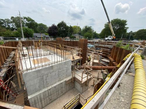 Concrete and scaffolding in a cofferdam, which is part of the new pumping station project.