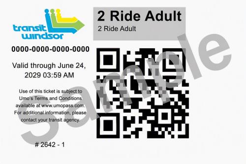Sample 2-Ride Adult token, indicating terms and conditions as detailed at www.umopass.com, date and time for valid use, and QR code